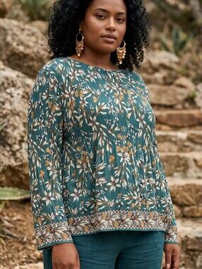 Max Studio Teal Floral Pleated Long-Sleeve Blouse M